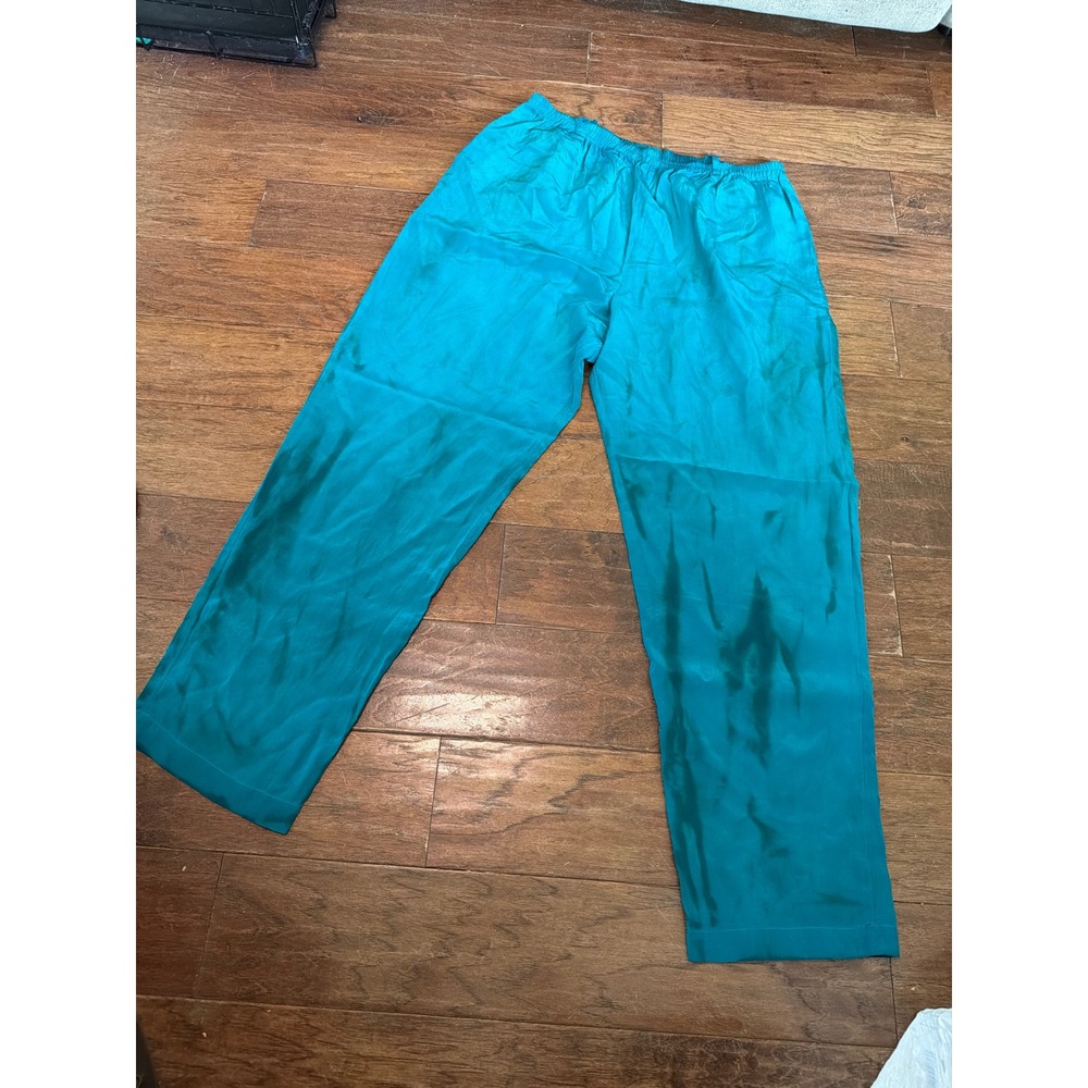 Vintage Silk Bijoux Teal Hand Dyed Silk Wide Leg Pants Large Elastic Waist - Picture 1 of 4